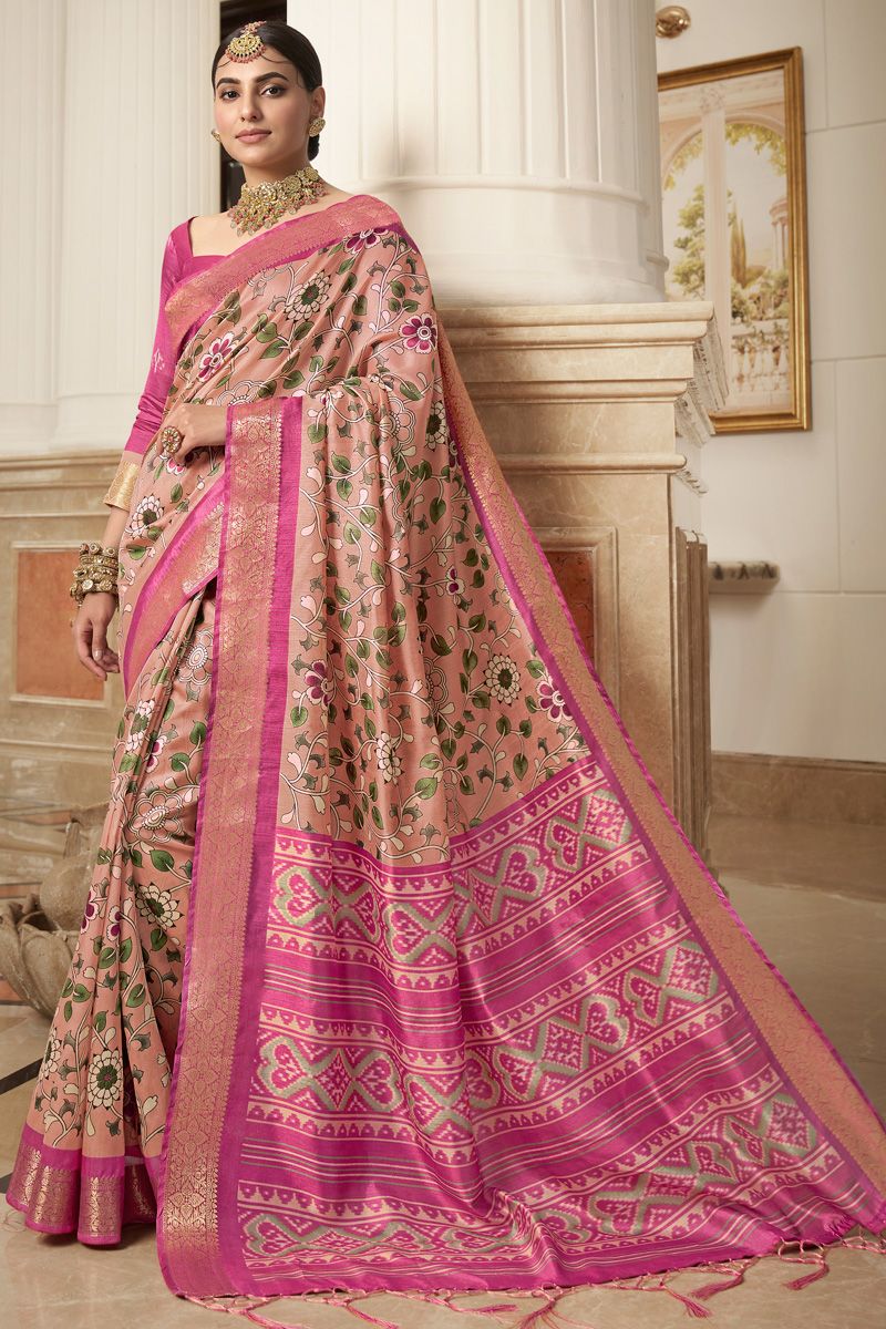 Art Silk Digital Printed Contemporary Peach Color Saree