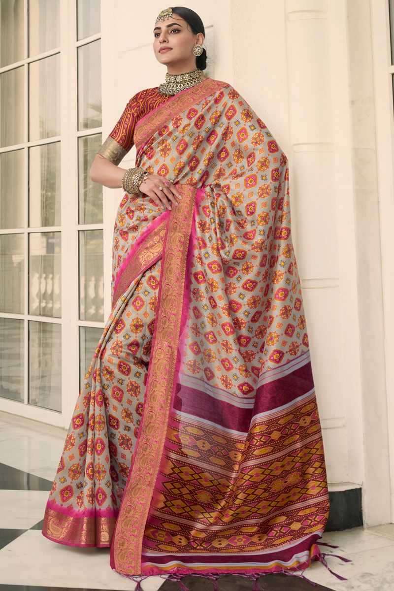 Cream Color Digital Printed Classic Saree