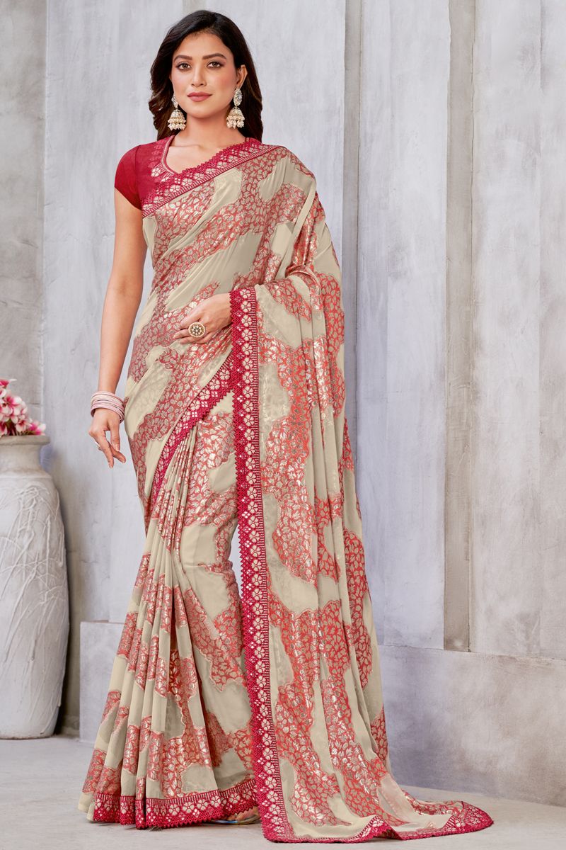 Beige Color Function Wear Classic Weaving Work Georgette Fabric Saree