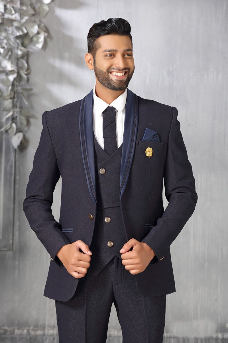 Stunning Navy Blue Color Coat Suit In Fancy Fabric