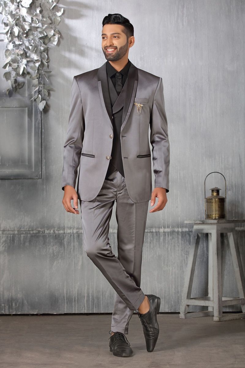 Striking Grey Color Satin Fabric Coat Suit