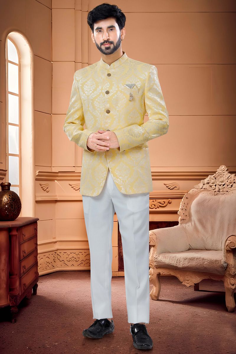 Appealing Yellow Color Jacquard Readymade Jodhpuri Suit