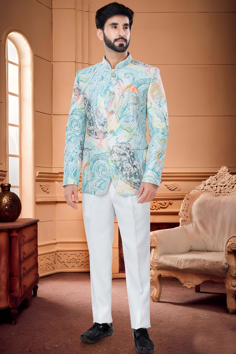 Captivating Satin Readymade White Color Jodhpuri Suit