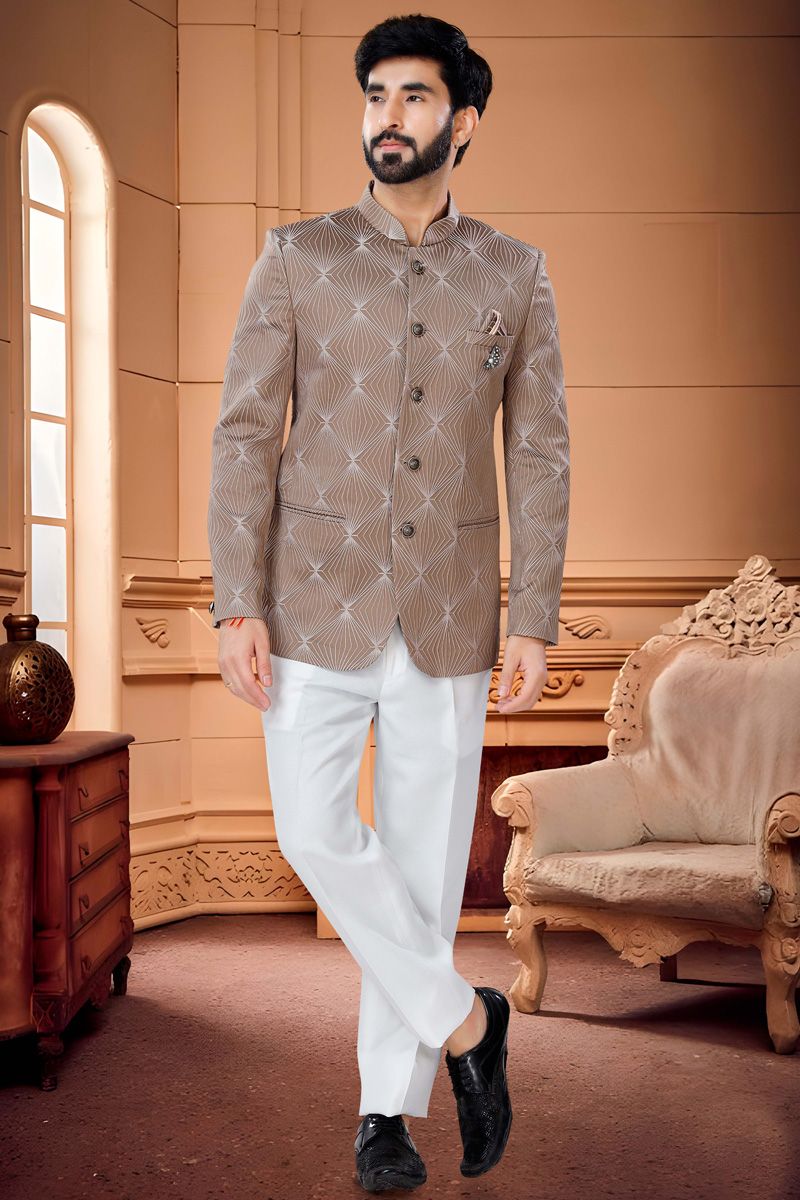 Fetching Jacquard Readymade Jodhpuri Suit In Brown Color