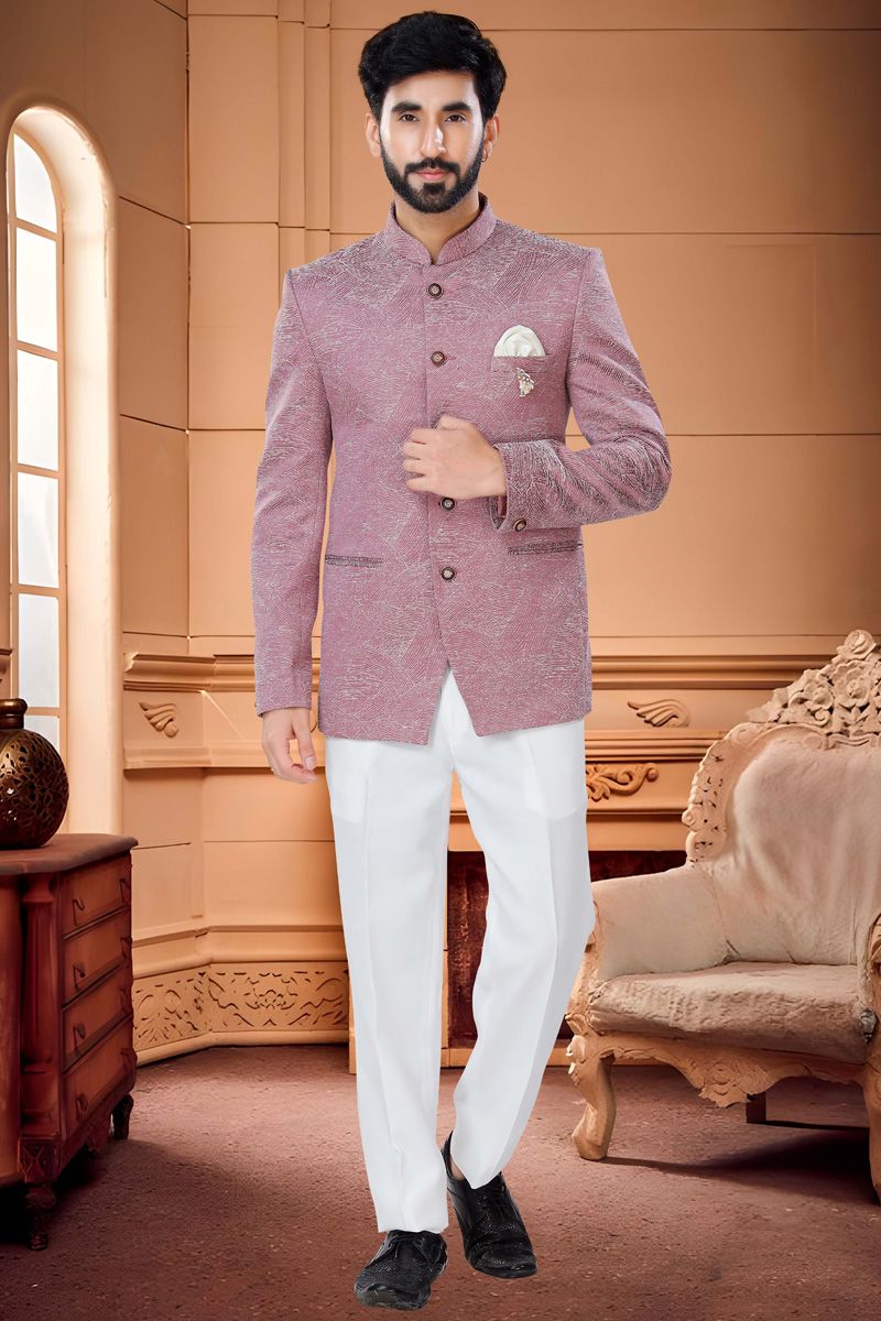 Stunning Pink Color Readymade Jodhpuri Suit In Jacquard Fabric