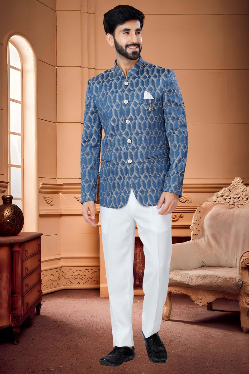 Fantastic Blue Color Jacquard Jodhpuri Suit