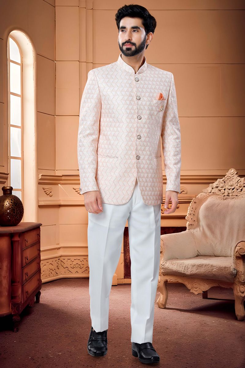 Dusky Peach Color Jacquard Readymade Jodhpuri Suit