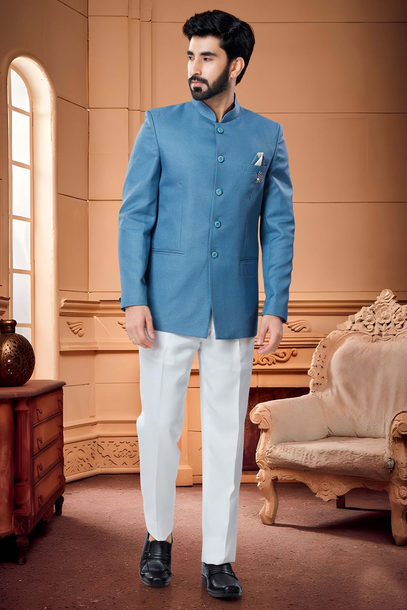 Vivacious Rayon Readymade Jodhpuri Suit In Cyan Color