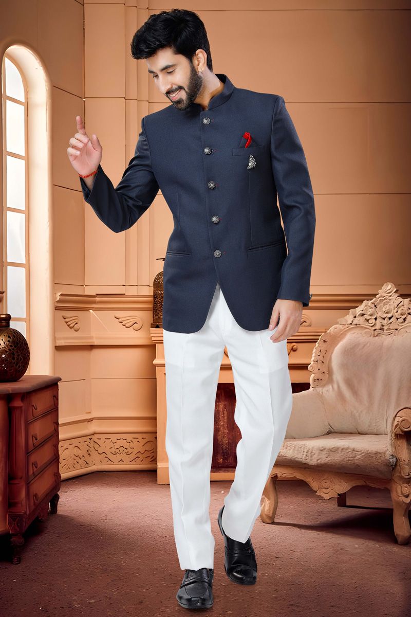 Enriching Navy Blue Color Readymade Rayon Jodhpuri Suit