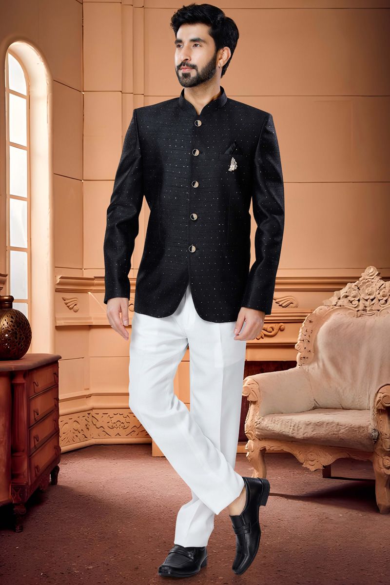 Splendiferous Black Color Jacquard Jodhpuri Suit