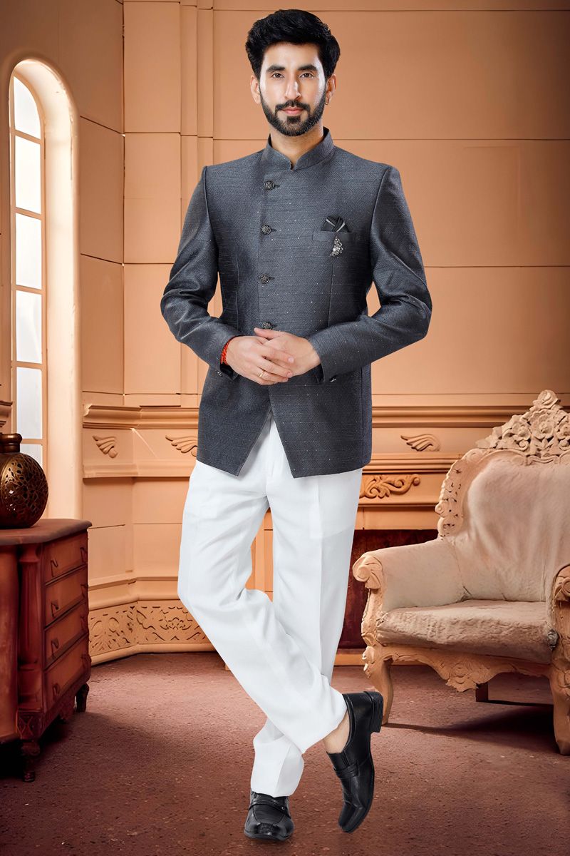 Readymade Majestic Grey Color Jacquard Jodhpuri Suit