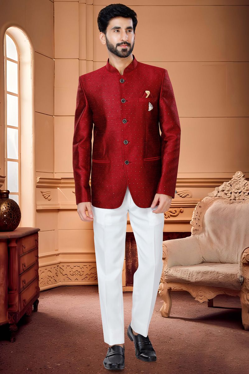 Fascinate Jacquard Jodhpuri Suit In Red Color