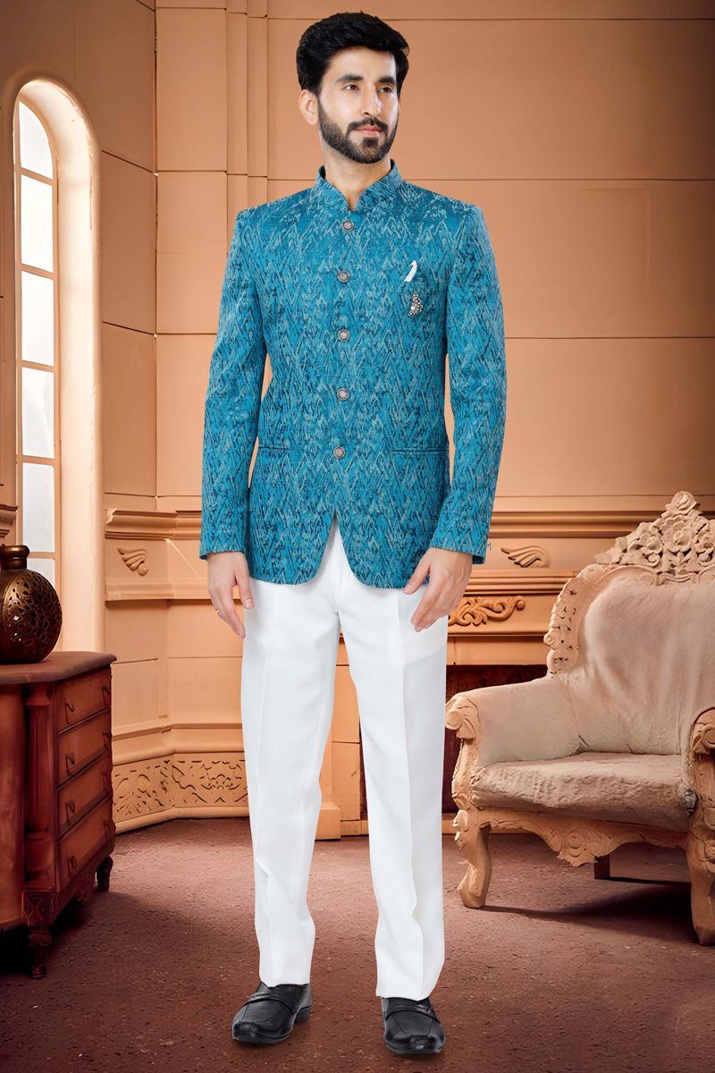 Remarkable Blue Color Jacquard Jodhpuri Suit