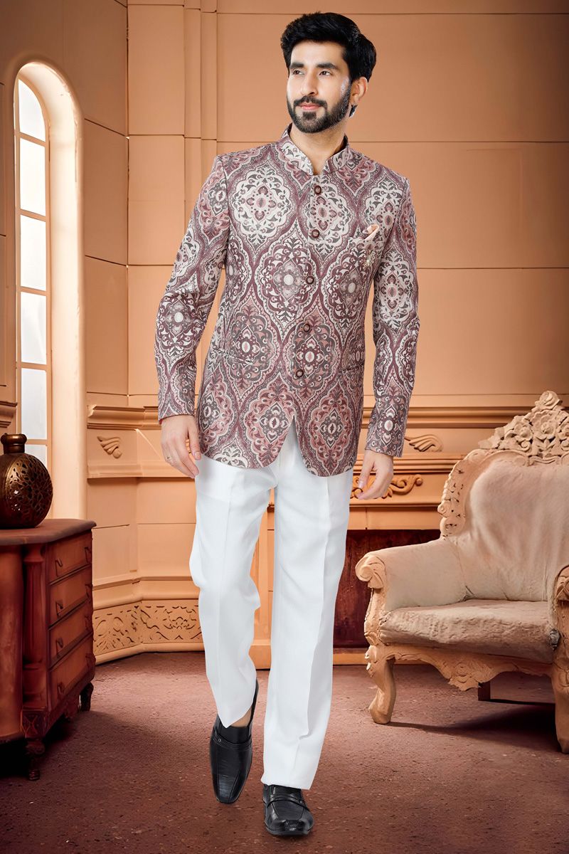 Sober Jacquard Jodhpuri Suit In Rust Color