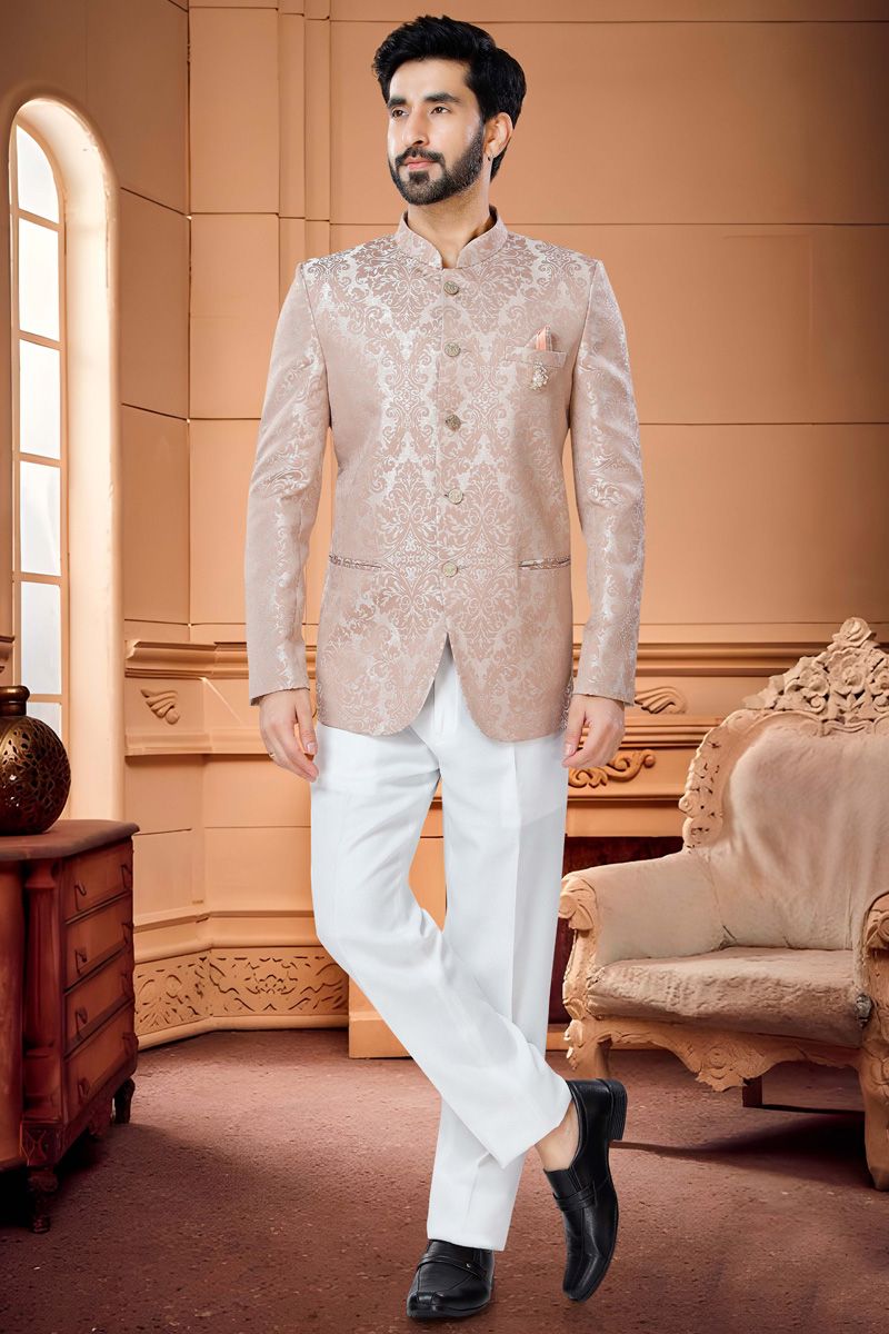 Graceful Chikoo Color Jacquard Readymade Jodhpuri Suit