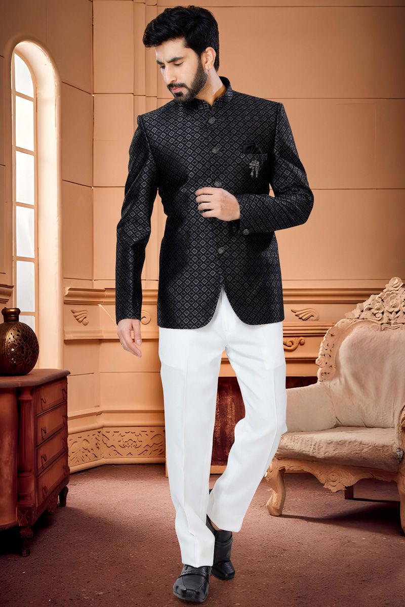 Jacquard Readymade Jodhpuri Suit In Artistic Black Color