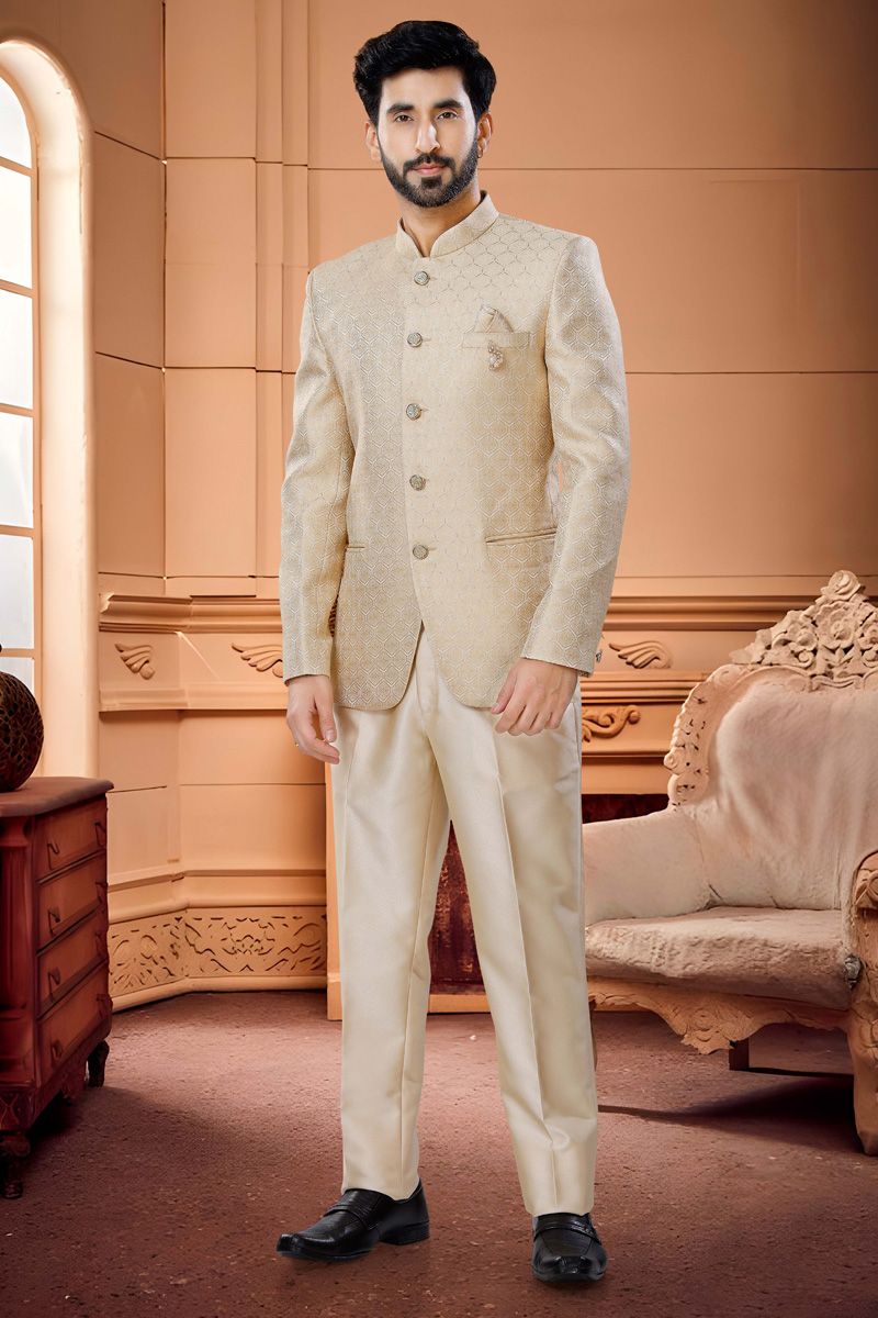 Intriguing Beige Color Readymade Jodhpuri Suit In Jacquard Fabric