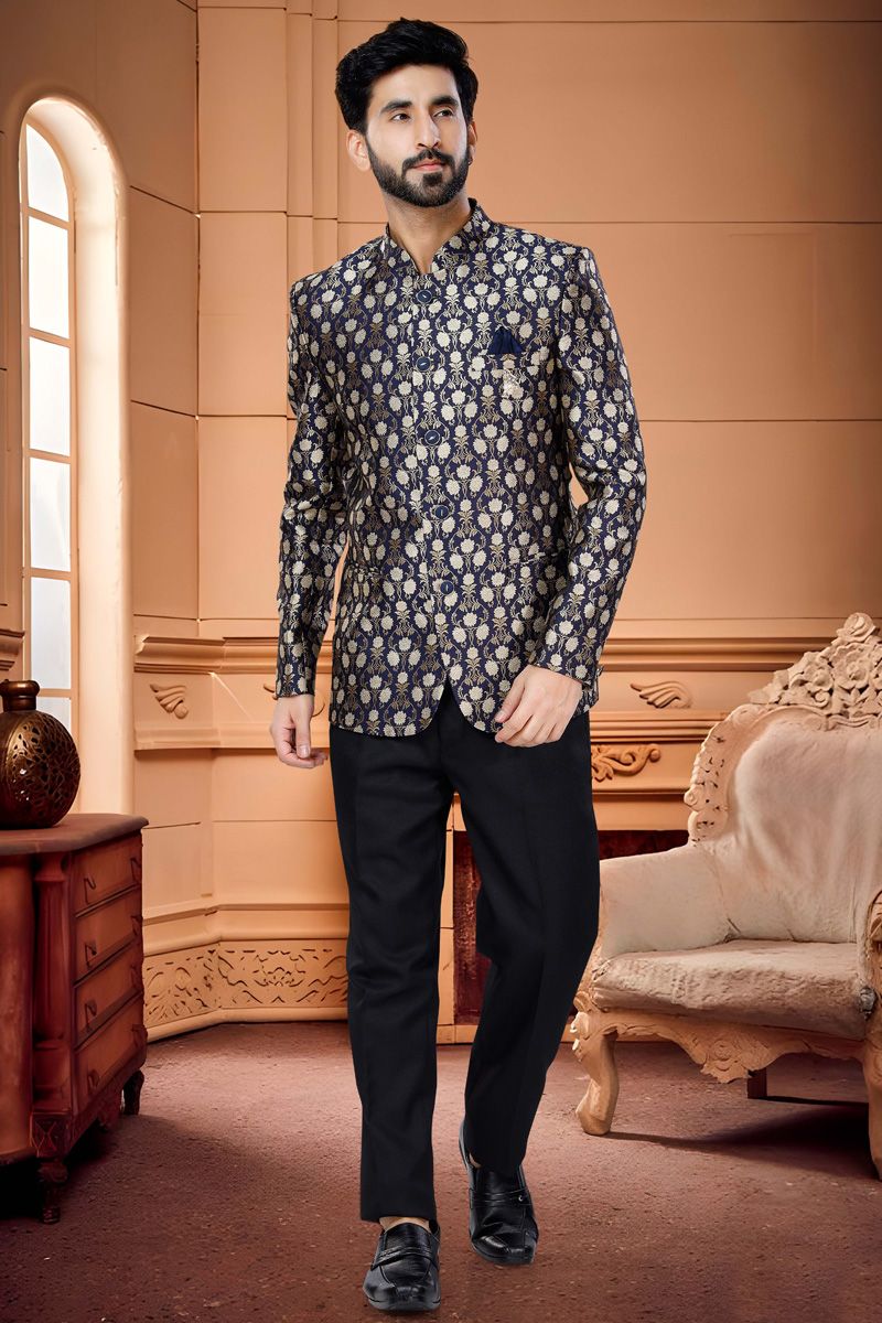 Engaging Navy Blue Color Jacquard Readymade Jodhpuri Suit