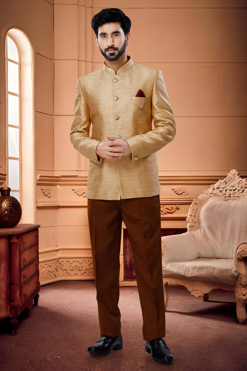 Enriching Golden Color Jacquard Jodhpuri Suit