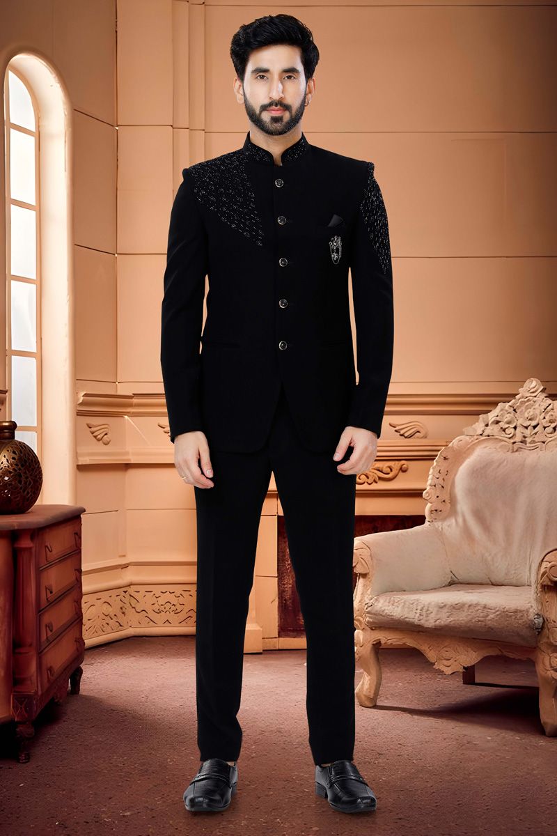 Extravagant Black Color Rayon Readymade Jodhpuri Suit