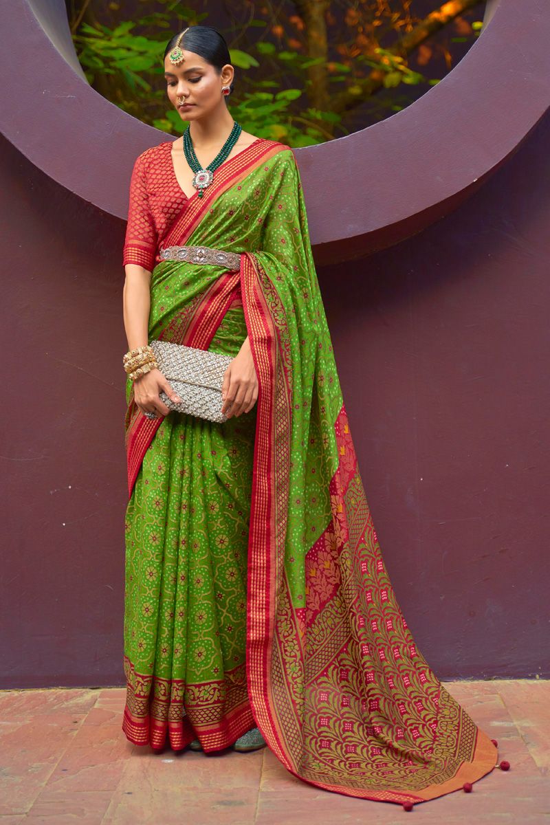 Green Color Bright Festive Style Saree In Brasso Fabric