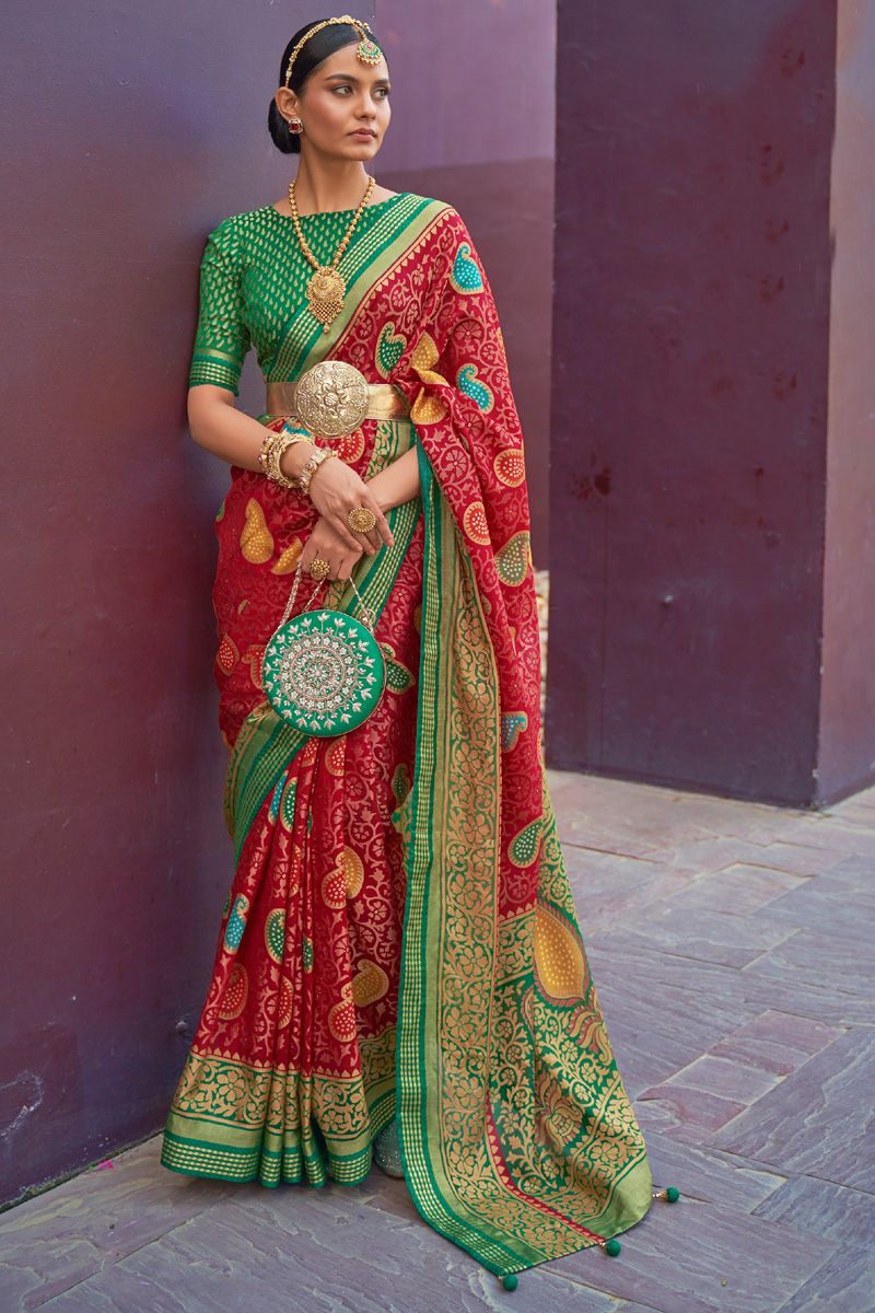 Red Color Festive Style Saree In Charming Brasso Fabric