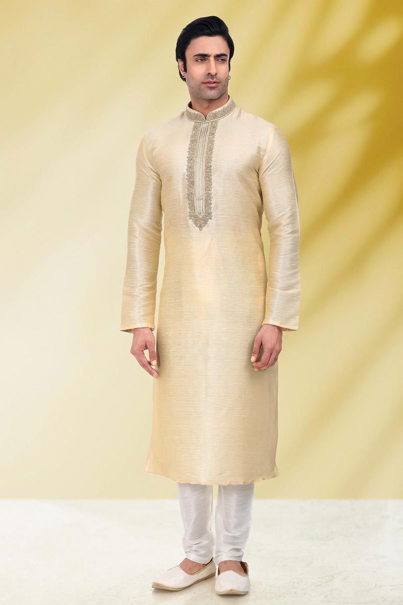 Beige Color Sangeet Wear Pretty Kurta Pyjama For Men In Art Silk Fabric