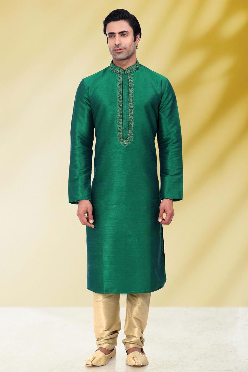 Beautiful Art Silk Fabric Wedding Wear Kurta Pyjama For Men In Green Color