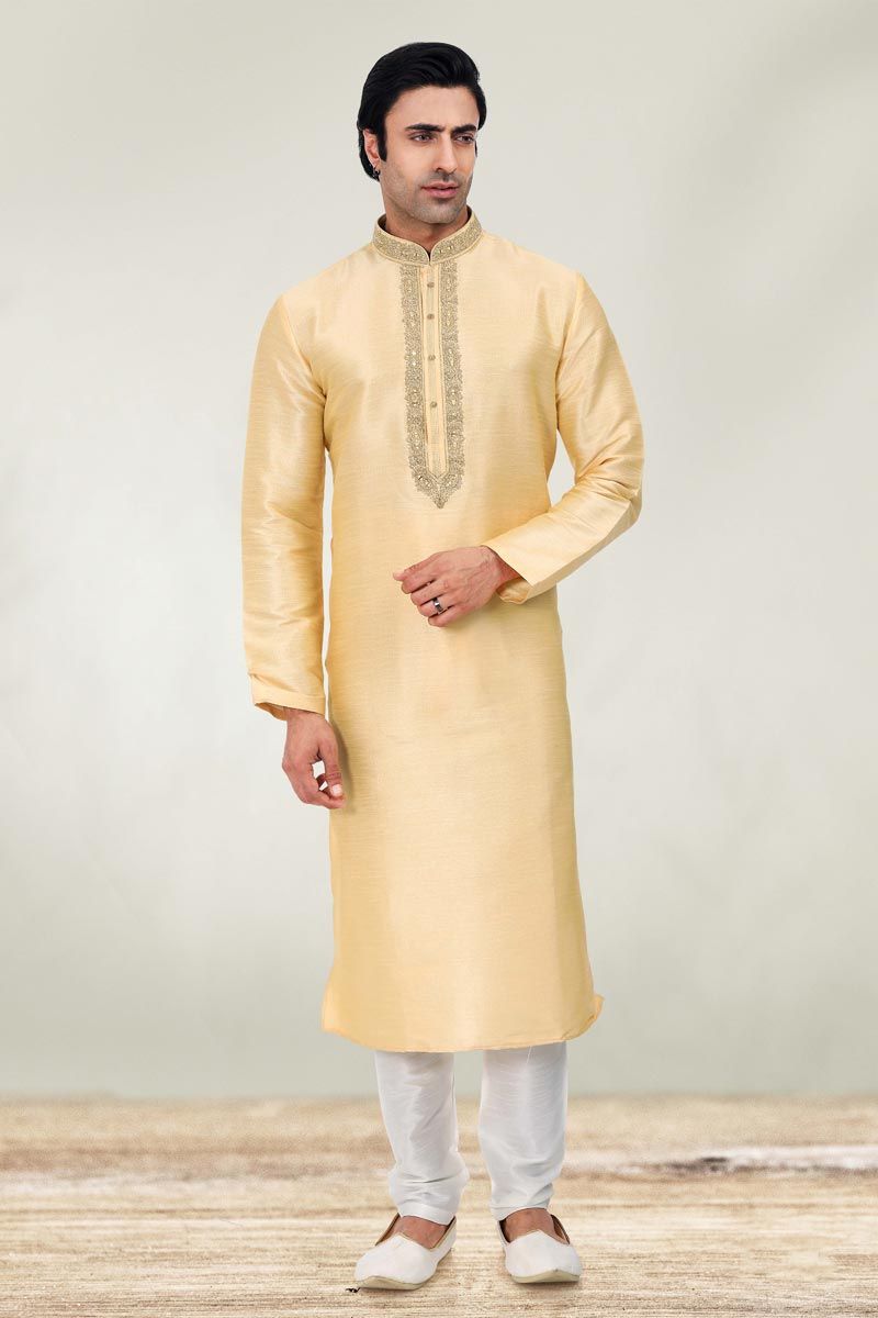 Art Silk Fabric Beige Color Festive Wear Readymade Men Stylish Kurta Pyjama