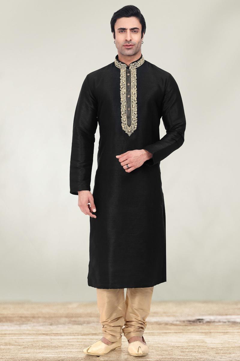 Black Magnificent Readymade Men Kurta Pyjama For Sangeet Wear