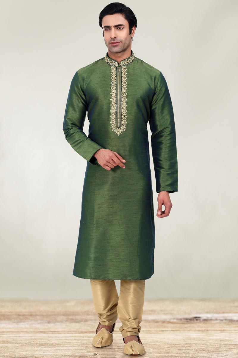 Festive Wear Readymade Kurta Pyjama For Men In Green Art Silk Fabric