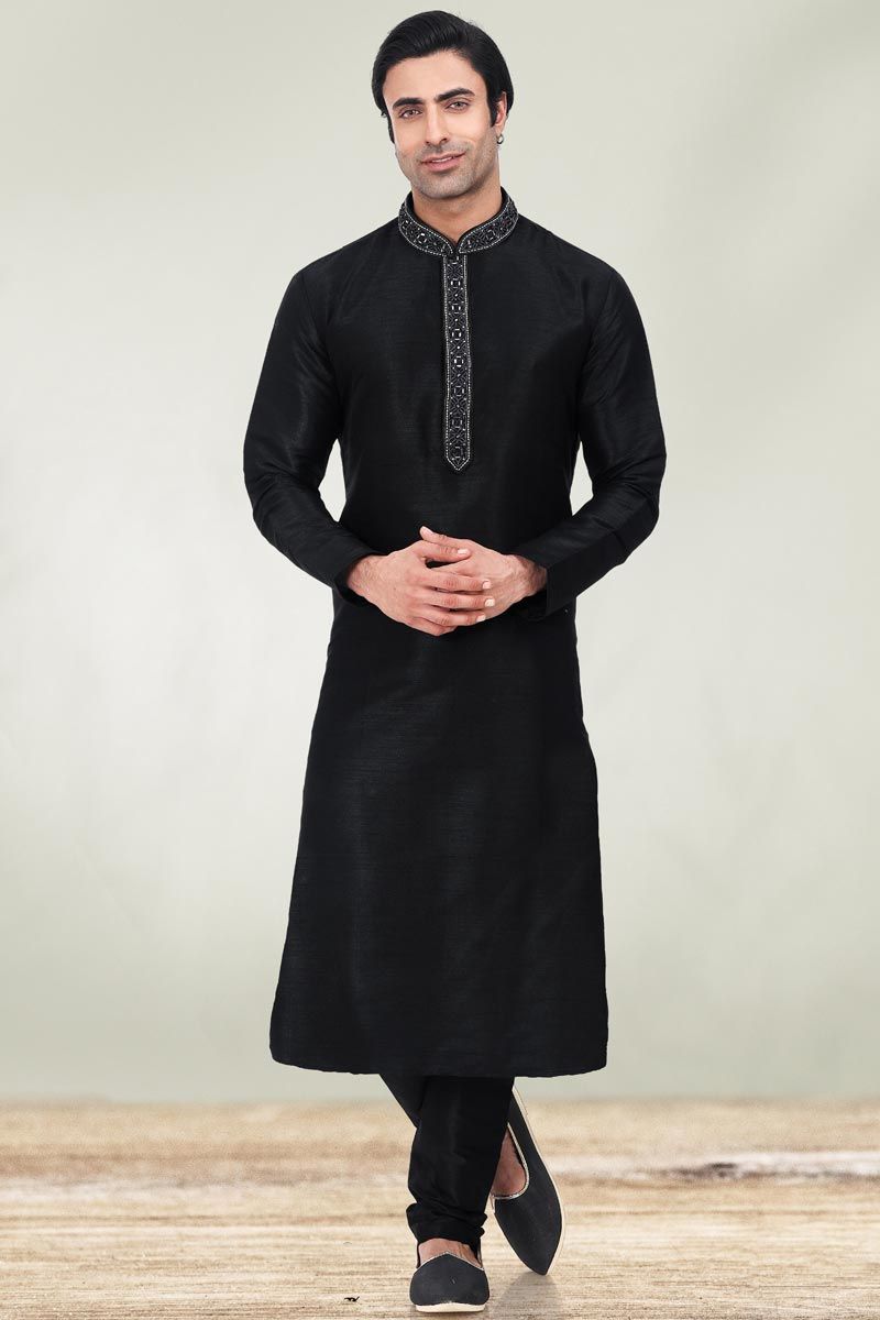 Art Silk Fabric Black Color Festive Wear Trendy Readymade Men Kurta Pyjama