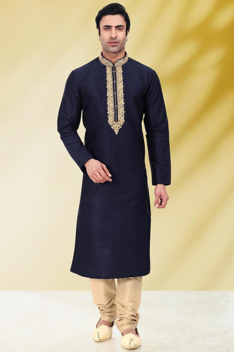 Navy Blue Sangeet Wear Art Silk Designer Readymade Kurta Pyjama For Men