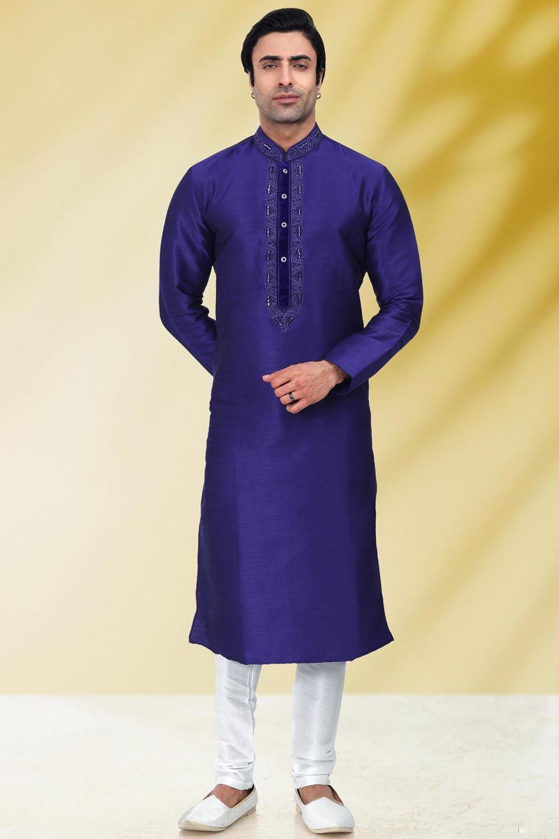 Appealing Blue Color Art Silk Fabric Function Wear Kurta Pyjama For Men