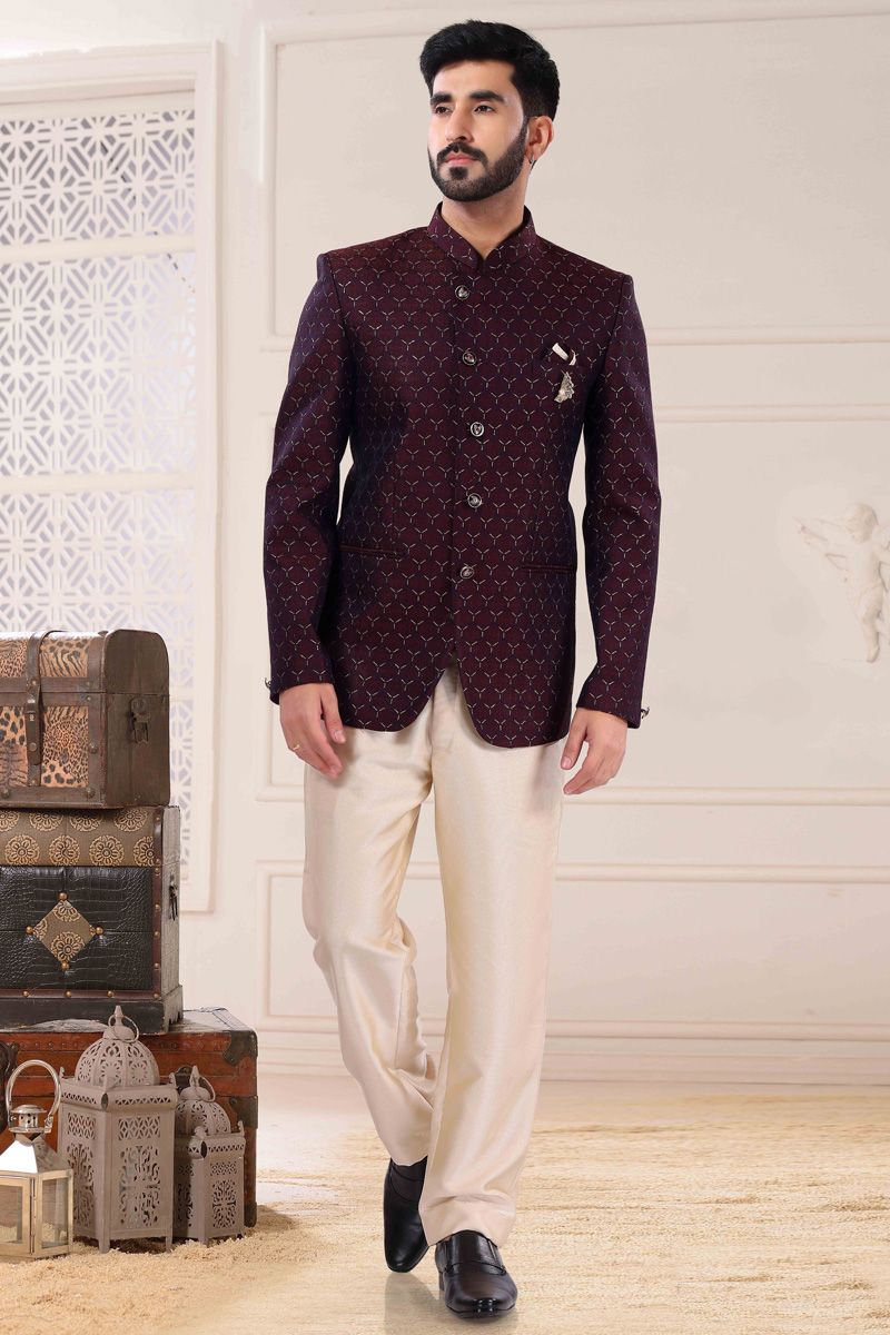 Maroon Jacquard Function Look Jodhpuri Suit