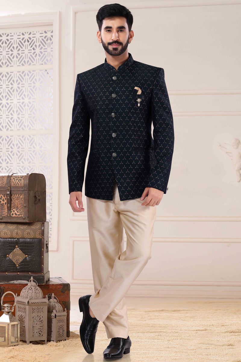 Dark Green Jacquard Function Look Jodhpuri Suit