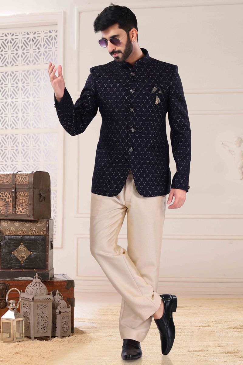 Blue Jacquard Jodhpuri Suit In Function Look