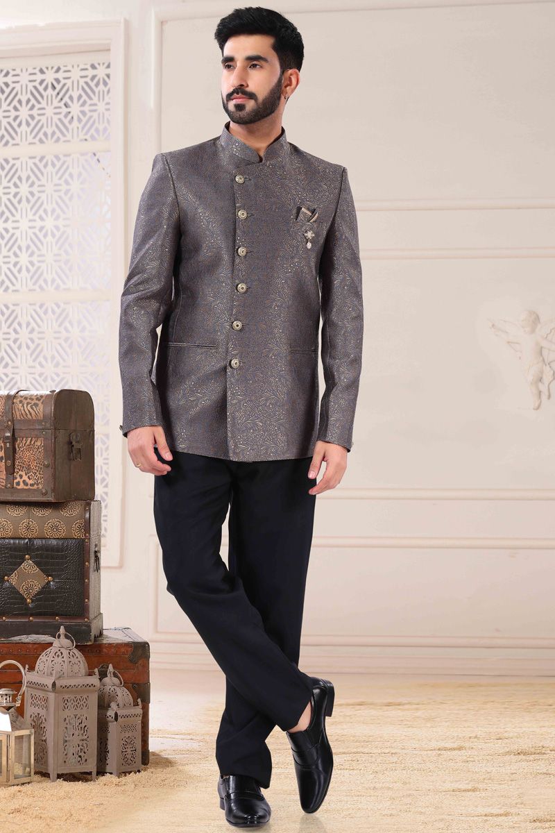 Jacquard Function Look Grey Jodhpuri Suit