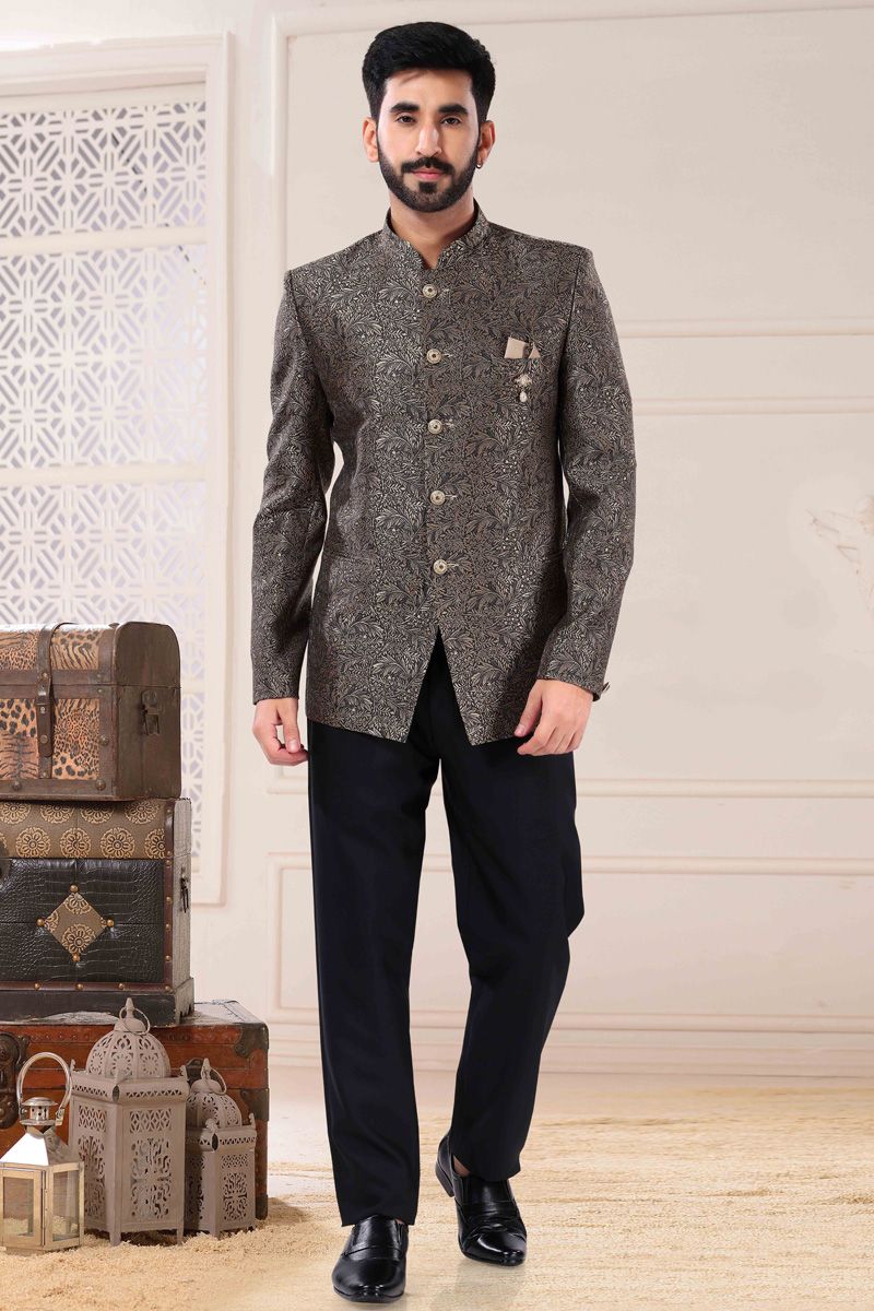 Function Look Dark Grey Jacquard Jodhpuri Suit