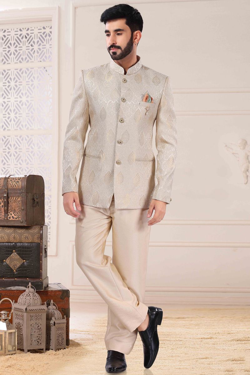 Jacquard Function Look Jodhpuri Suit In Golden Color