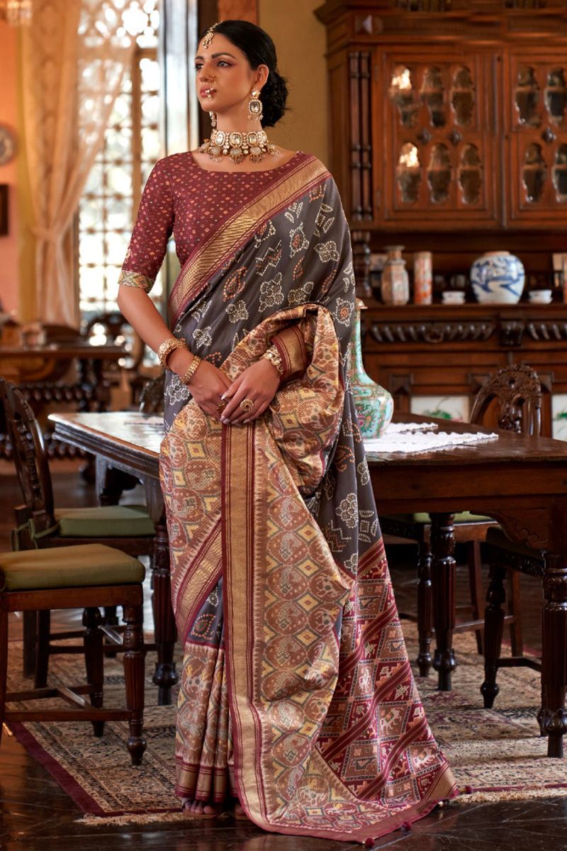 Charming Grey Color Art Silk Fabric Digital Printed Saree