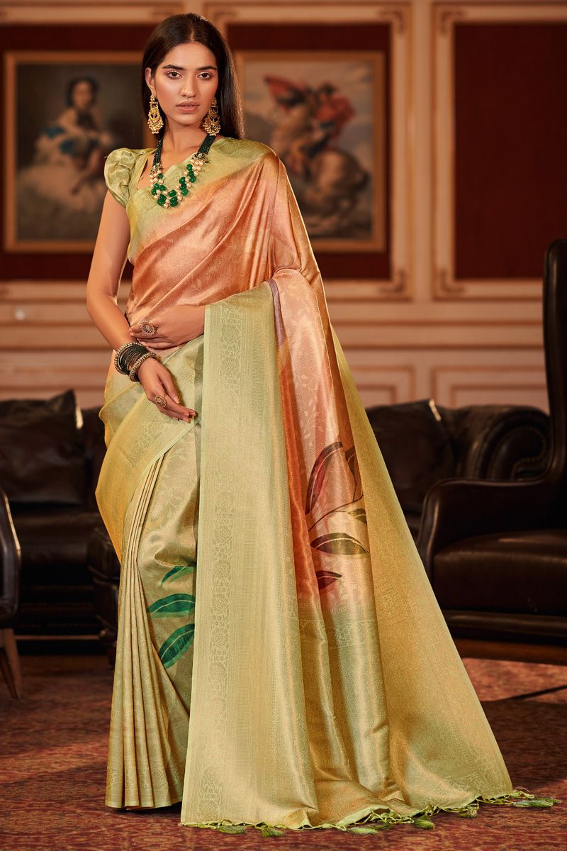 Jacquard Fabric Peach Color Delicate Festive Look Saree