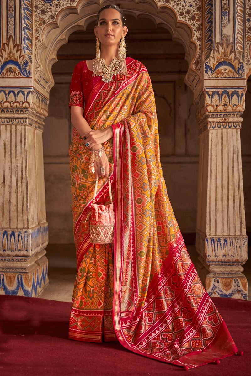 Mustard Color Glamorous Printed Patola Silk Saree