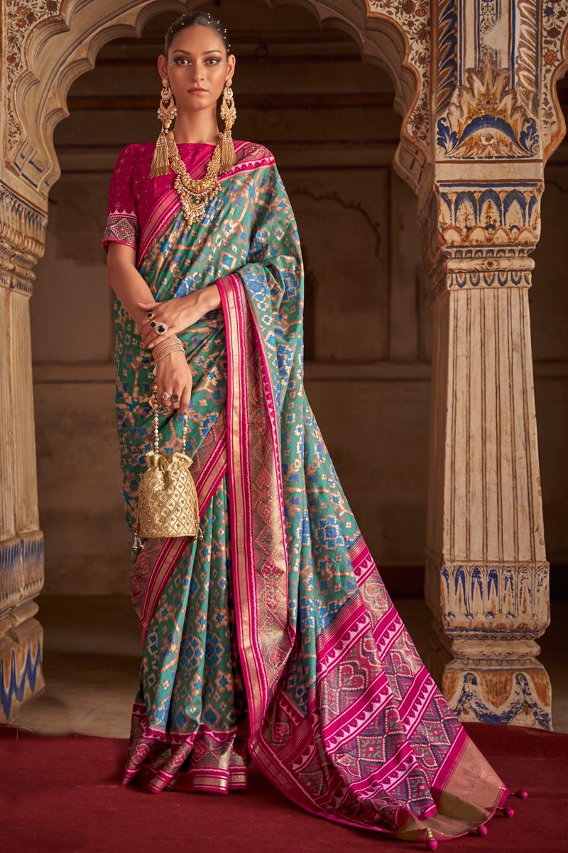 Blue Color Exquisite Printed Patola Silk Saree