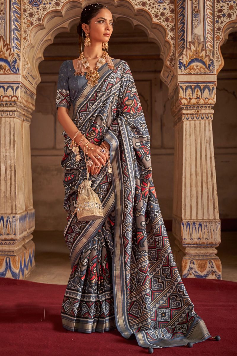 Attractive Printed Patola Silk Saree In Grey Color