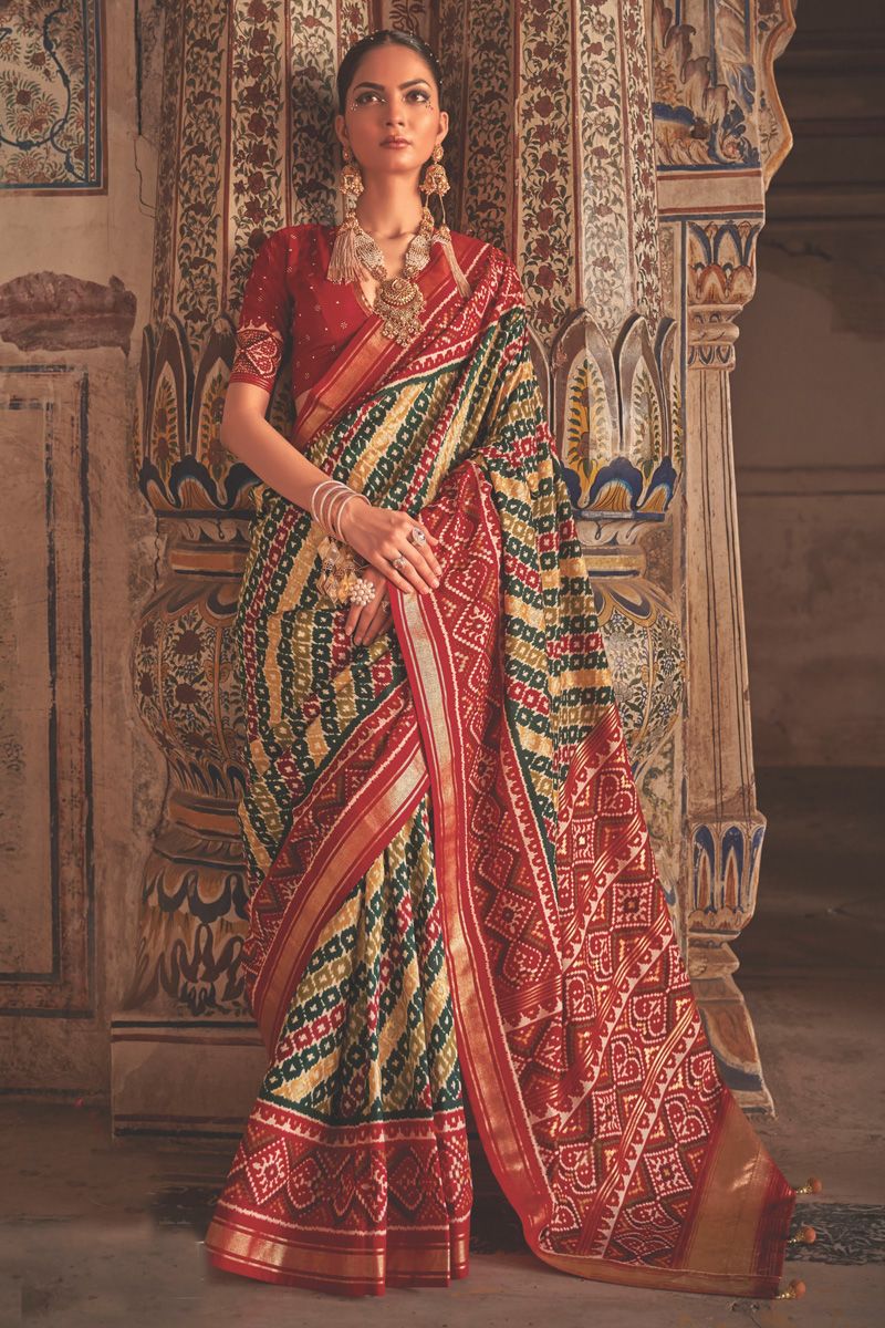 Soothing Printed Patola Silk Saree In Multi Color