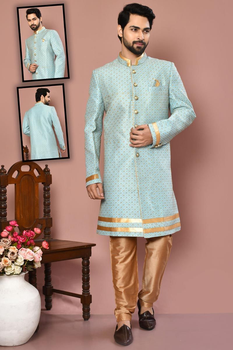 Dusky Sky Blue Color Art Silk Fabric Sherwani