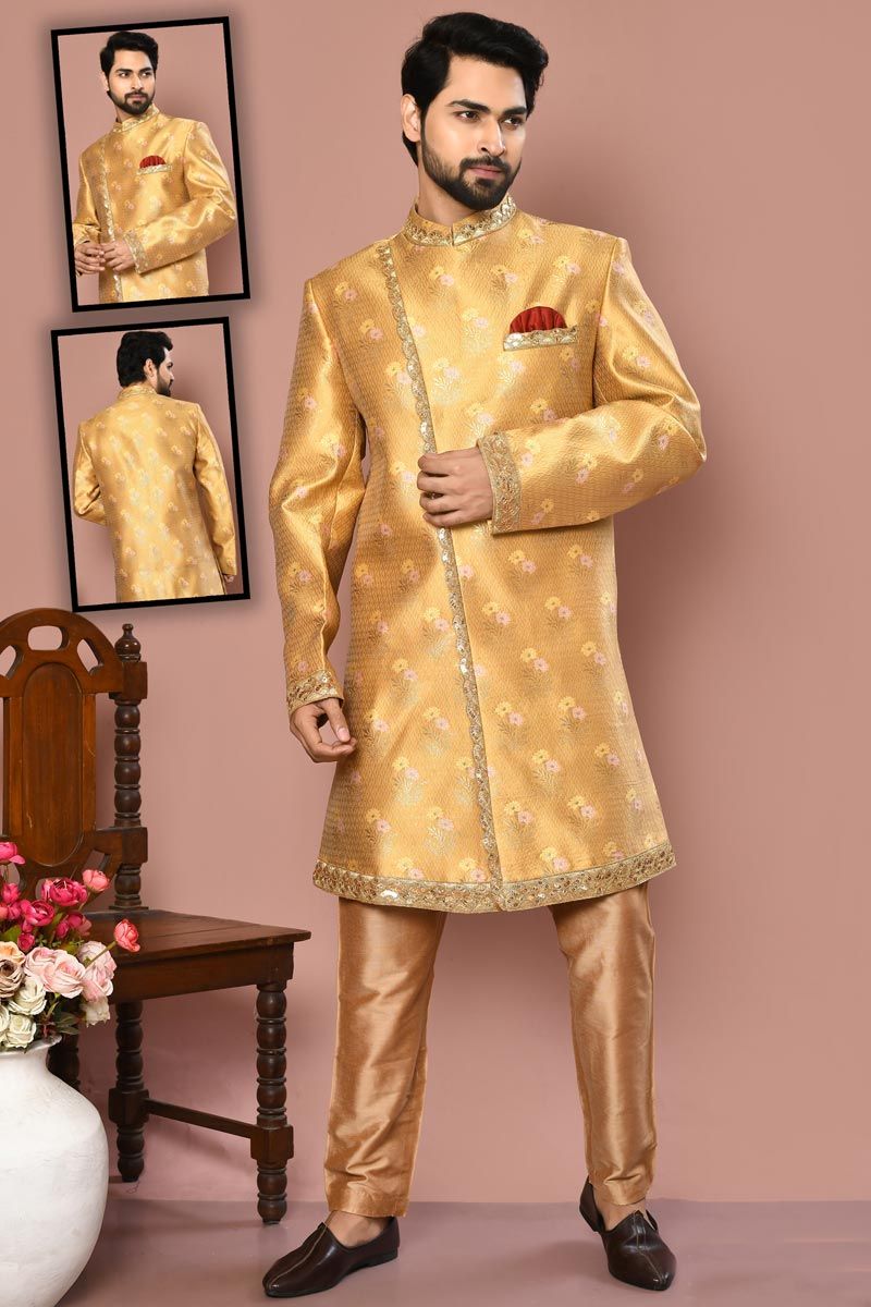 Attractive Chikoo Color Sherwani In Art Silk Fabric