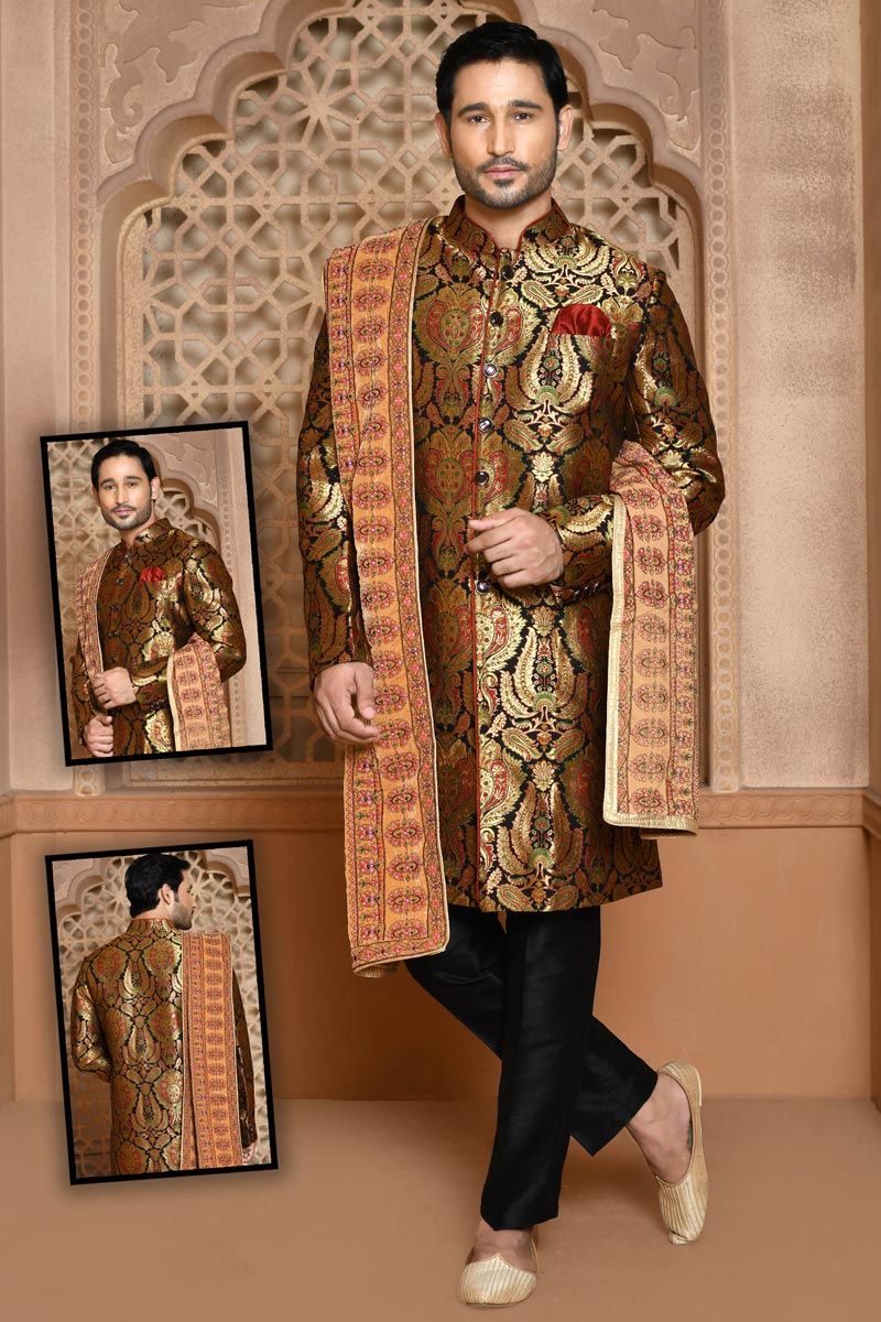 Black Color Provocative Sherwani In Art Silk Fabric