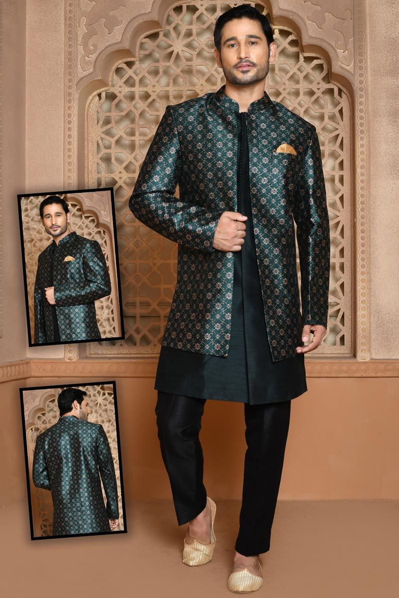 Radiant Teal Wedding Wear Banarasi Silk Sherwani